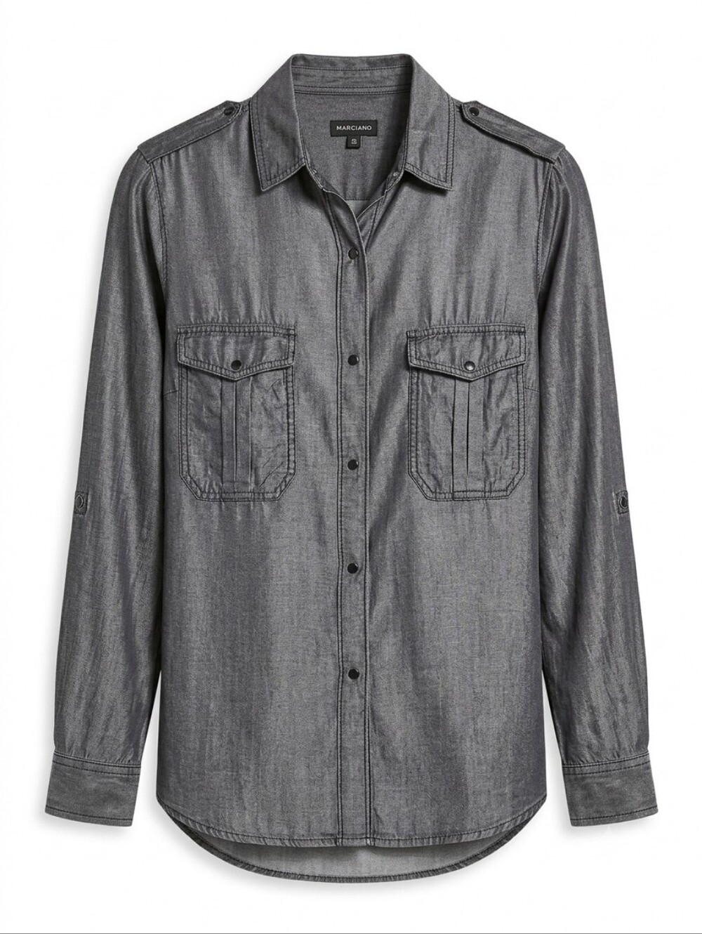 Marciano Press Button-Down Shirt Shiny Metallic Gray Long Sleeves Round Hem